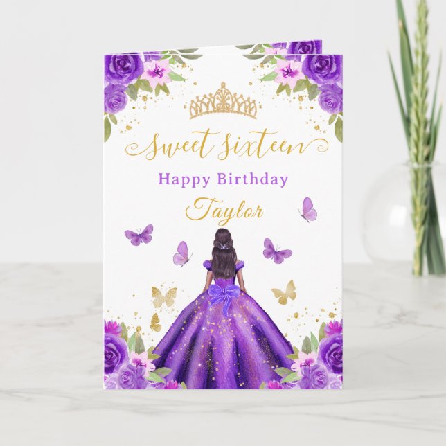 Sweet 16 Purple Princess African American Girl Card (Front)