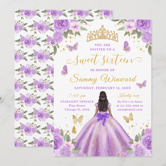 Sweet 16 Purple Princess African American Girl Invitation (Front/Back)