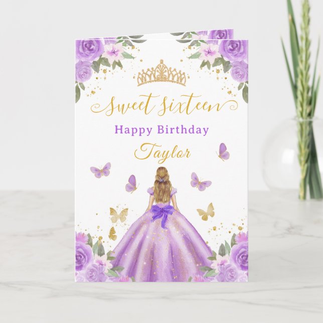 Sweet 16 Purple Princess Blonde Girl Card (Front)