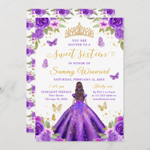 Sweet 16 Purple Princess Brunette Girl Invitation