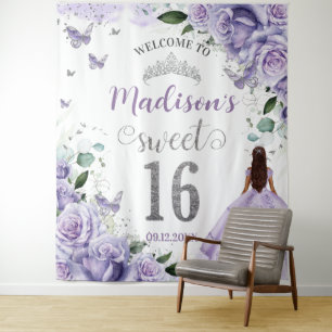 Sweet 16 Purple Roses Floral Princess Welcome Tapestry