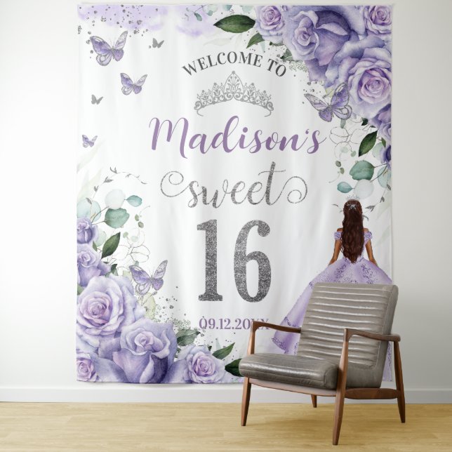 Sweet 16 Purple Roses Floral Princess Welcome Tapestry (In Situ)