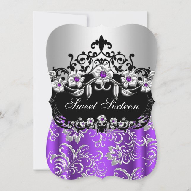 Sweet 16 Purple Silver Black Floral Jewel Party Invitation (Front)