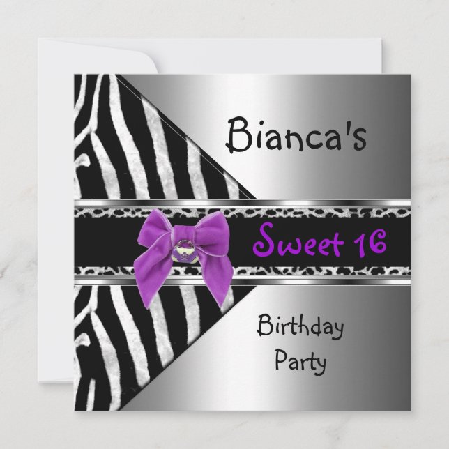 Sweet 16 Purple Silver Black Zebra Leopard Invitation (Front)