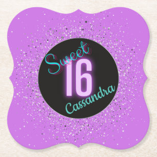 Sweet 16 Purple Silver Brilliance Personalised   Paper Coaster