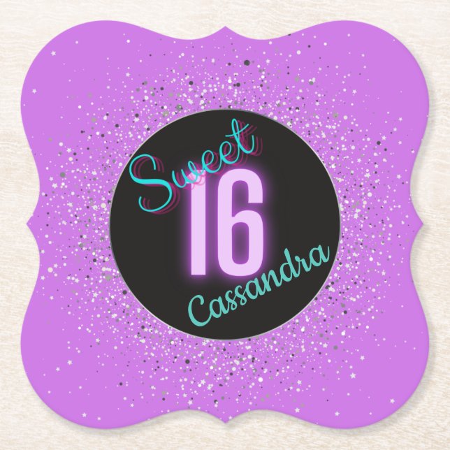 Sweet 16 Purple Silver Brilliance Personalised   Paper Coaster (Front)