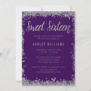 Sweet 16 Purple Silver Faux Glitter Birthday Invitation