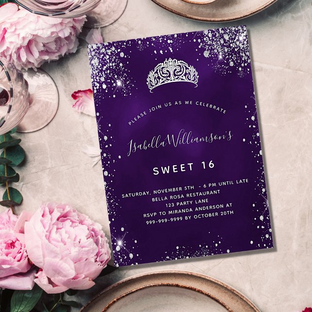 Sweet 16 purple silver glitter dust tiara crown invitation (Creator Uploaded)