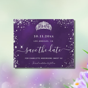 Sweet 16 purple silver glitter save date card