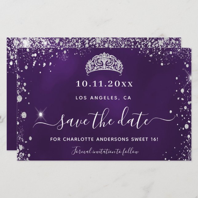 Sweet 16 purple silver glitter save date card (Front/Back)