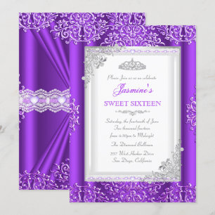 Sweet 16 Purple Silver Lace Damask Tiara Invitation