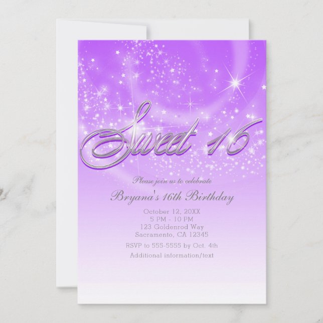 SWEET 16 Purple & Silver Sparkle Stars Party Invitation (Front)