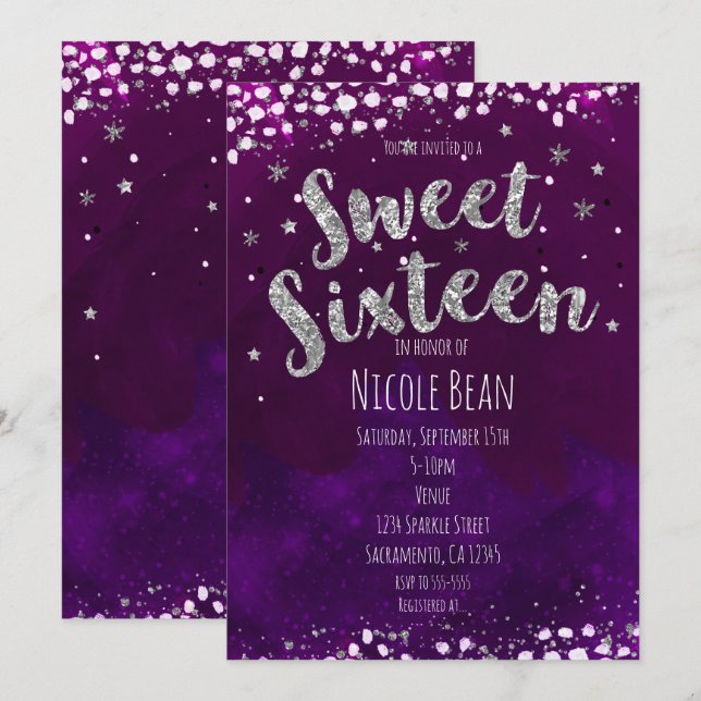 Sweet 16 Purple & Silver Starry Night Invitations (Front/Back)