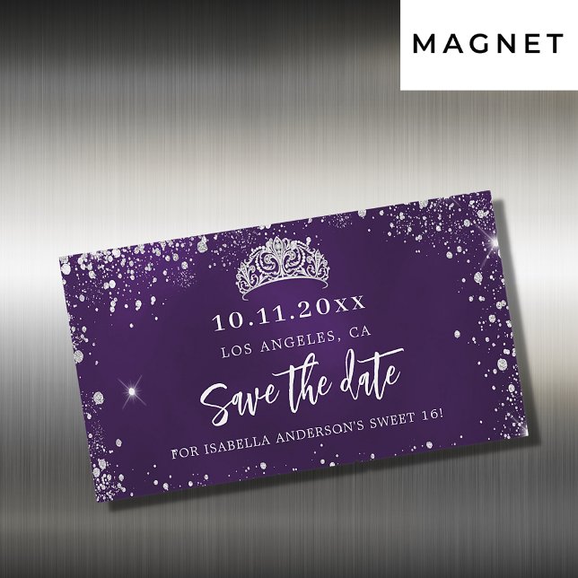 Sweet 16 purple silver tiara save the date magnet (Creator Uploaded)