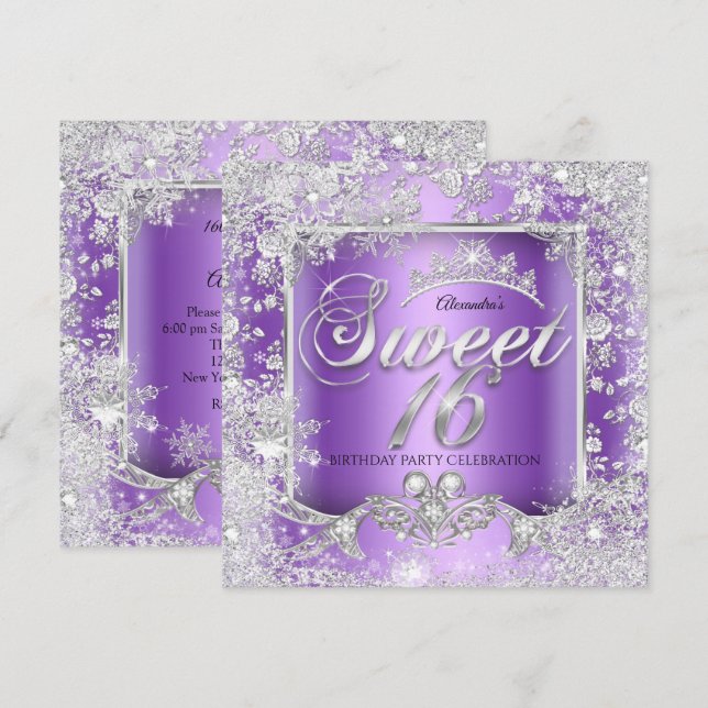 Sweet 16 Purple Silver Tiara Winter Wonderland Invitation (Front/Back)