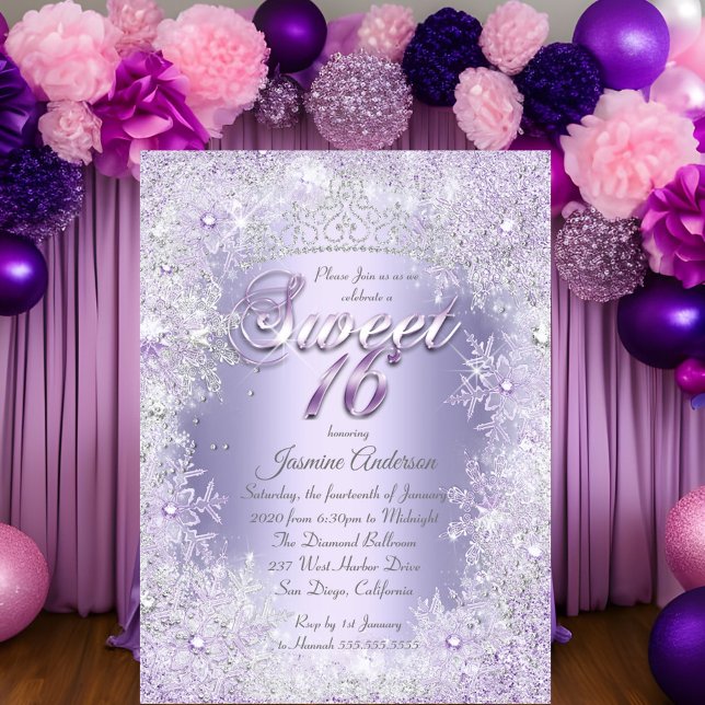 Sweet 16 Purple Silver Winter Wonderland Tiara Invitation (Creator Uploaded)