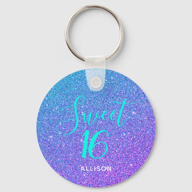 Sweet 16 Purple Teal Glitter Chic Personalised Key Ring (Front)