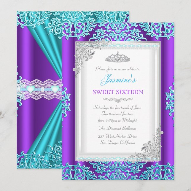 Sweet 16 Purple Teal Silver Lace Damask Tiara Invitation (Front/Back)