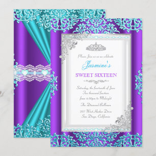 Sweet 16 Purple Teal Silver Lace Damask Tiara Invitation