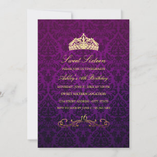 Sweet 16   Purple Tiara & Damask Invite