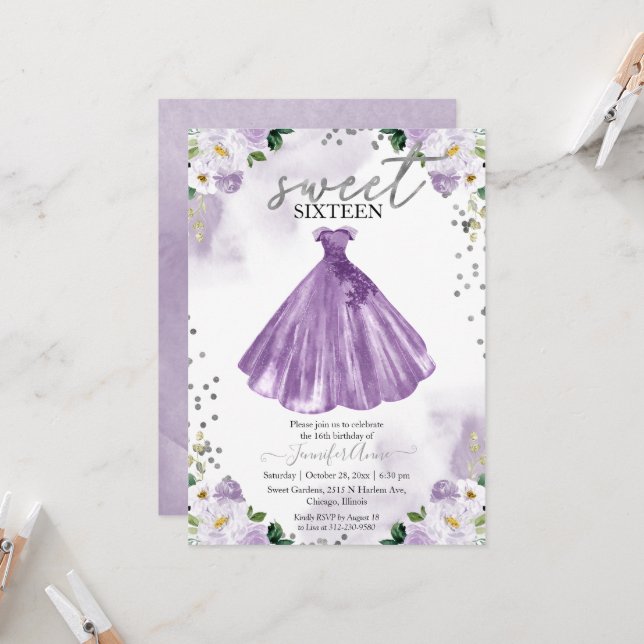 Sweet 16 Purple Watercolor Flowers Dress Invitation (Front/Back In Situ)