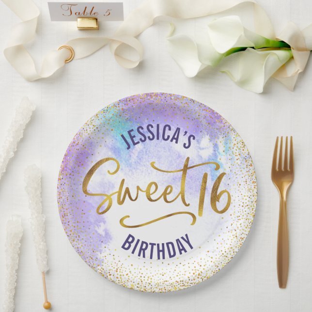 Sweet 16 Purple Watercolor Gold Girly Birthday Paper Plate (Wedding)