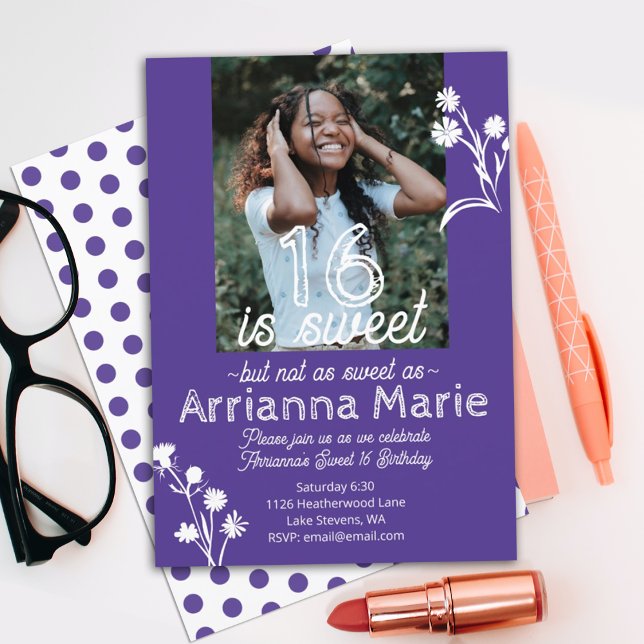 Sweet 16 Purple, White Flowers Birthday Party Invitation (purple sweet 16 sixteen party invitation, floral botanical wild flowers photo 16th birthday invite)