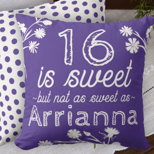 Sweet 16 Purple, White Flowers Personalised Cushion