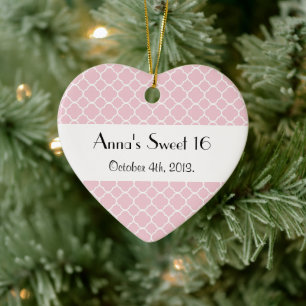 Sweet 16 - Quatrefoil Shape - Pink White Ceramic Tree Decoration