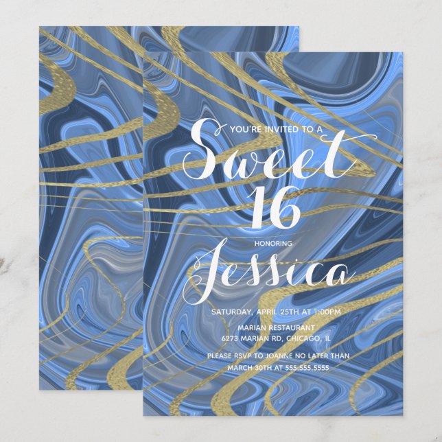 Sweet 16 | Quince Marble Liquid Blue Faux Gold Invitation (Front/Back)
