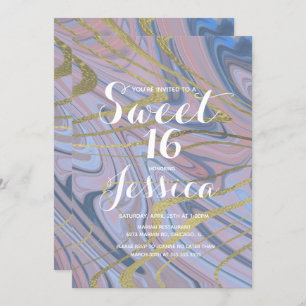 Sweet 16 Quince Marble Liquid Blue Pink Invitation