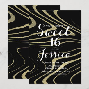 Sweet 16   Quince Marble Liquid Faux Gold Zebra Invitation
