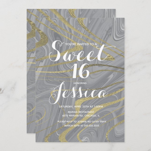 Sweet 16 | Quince Marble Liquid Grey Faux Gold Invitation (Front/Back)