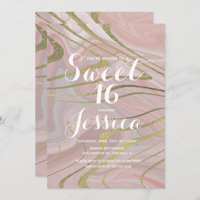 Sweet 16 | Quince Marble Liquid Pink Faux Gold Invitation (Front/Back)