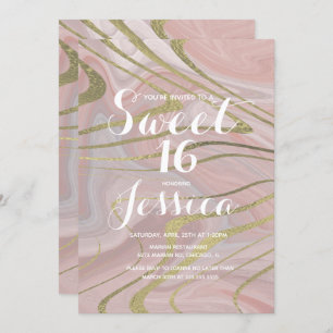 Sweet 16 Quince Marble Liquid Pink Faux Gold Invitation