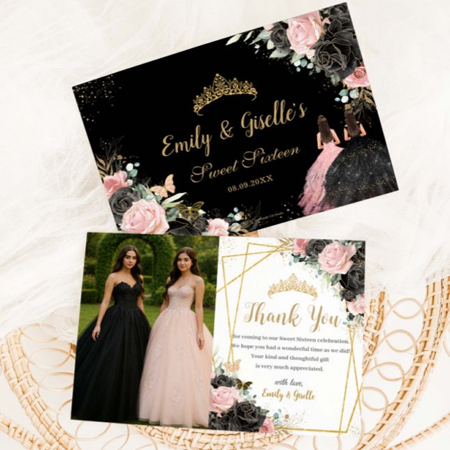 Sweet 16 Quinceanera Black Pink Floral Twins Photo Thank You Card (Creator Uploaded)