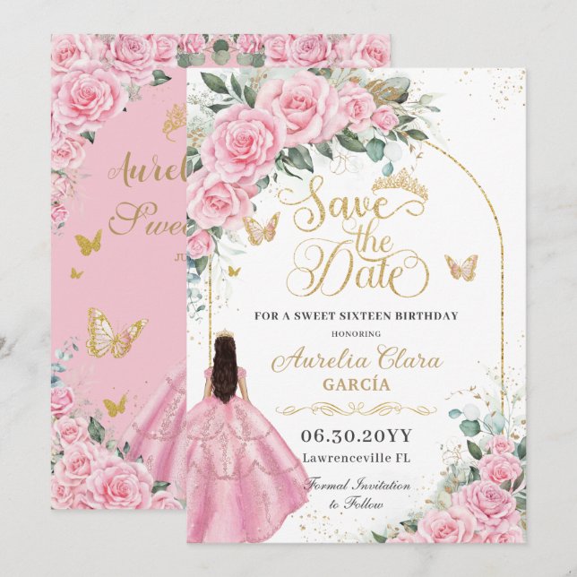 Sweet 16 Quinceanera Pink Roses Floral Fair Gold Save The Date (Front/Back)
