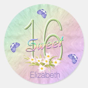 Sweet 16 Rainbow and Butterflies Birthday Party Classic Round Sticker