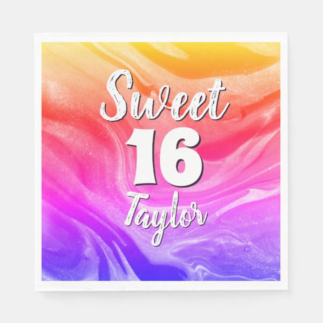 Sweet 16 Rainbow Colored Marble Personalized Napkin (Front)