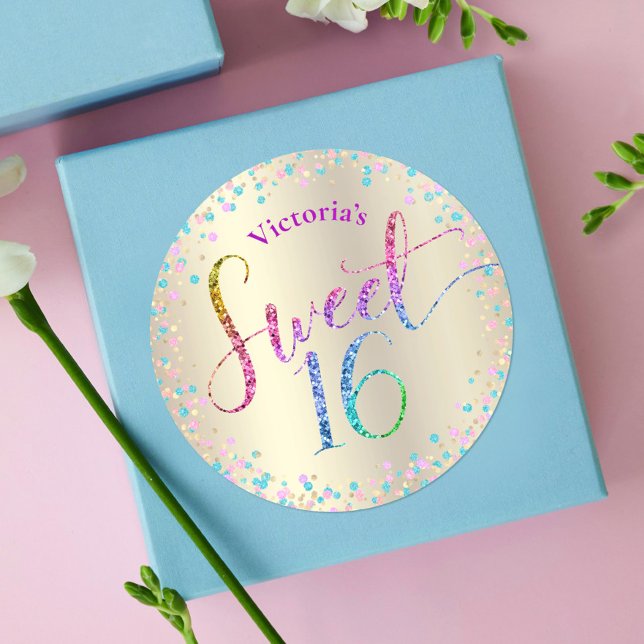 Sweet 16 Rainbow Glitter Confetti Gold Birthday Classic Round Sticker (Creator Uploaded)