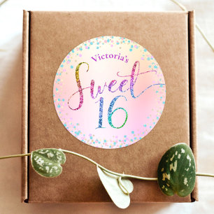 Sweet 16 Rainbow Glitter Confetti Ombre Birthday Classic Round Sticker