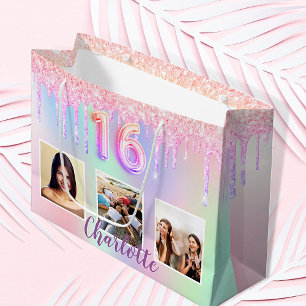 Sweet 16 rainbow glitter drips photo monogram 16th large gift bag