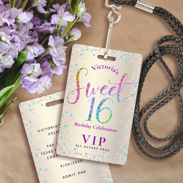 Sweet 16 Rainbow Glitter Gold Birthday VIP Pass ID Badge (Creator Uploaded)