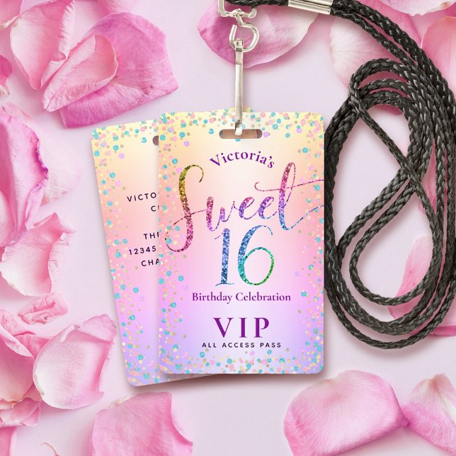 Sweet 16 Rainbow Glitter Ombre Birthday VIP Pass ID Badge (Creator Uploaded)