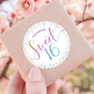 Sweet 16 Rainbow Ombre Glitter Confetti Birthday Classic Round Sticker