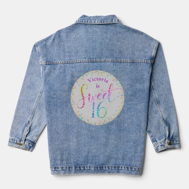 Sweet 16 Rainbow Ombre Glitter Confetti Birthday Denim Jacket (Back)