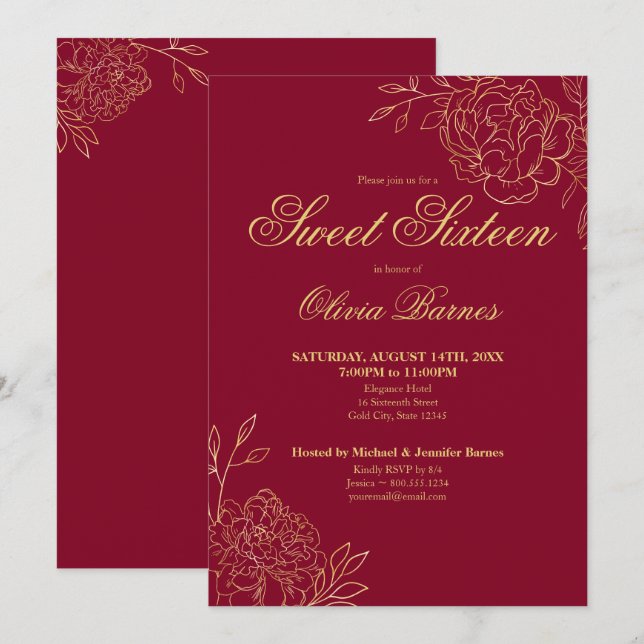 Sweet 16 Red and Gold Line Art Flowers Floral Invitation (Front/Back)