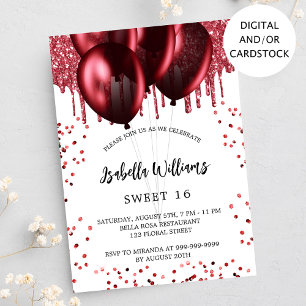 Sweet 16 red balloons white invitation