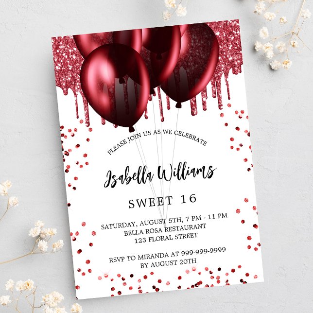 Sweet 16 red balloons white luxury invitation (Creator Uploaded)