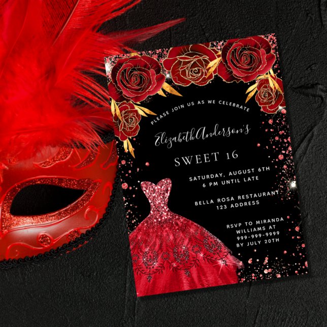 Sweet 16 red black sparkles dress florals invitation (Creator Uploaded)